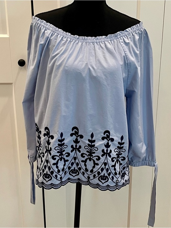 Time and Tru Tops - Time and Tru Light Blue Off-Shoulder Blouse with Navy Embroidery Cotton Blend